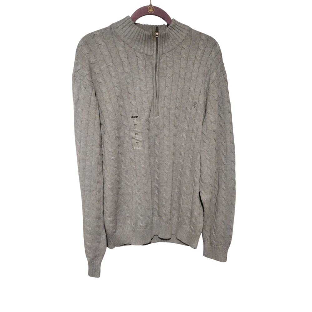IZOD Sweater Mens XL Gray Cable Knit Quarter Zip Mock Neck Cotton Pullover
